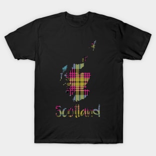 Scotland Pink, Blue and Yellow Tartan Map Typography Design T-Shirt